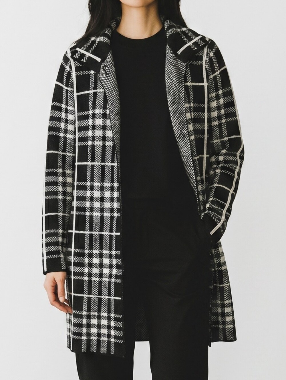Women's Black and White Plaid Pea Coat - Classic Open-Front Style